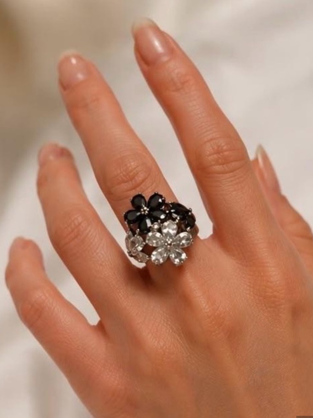 Black & Clear Floral Cluster Statement Ring - Picture 2 of 5